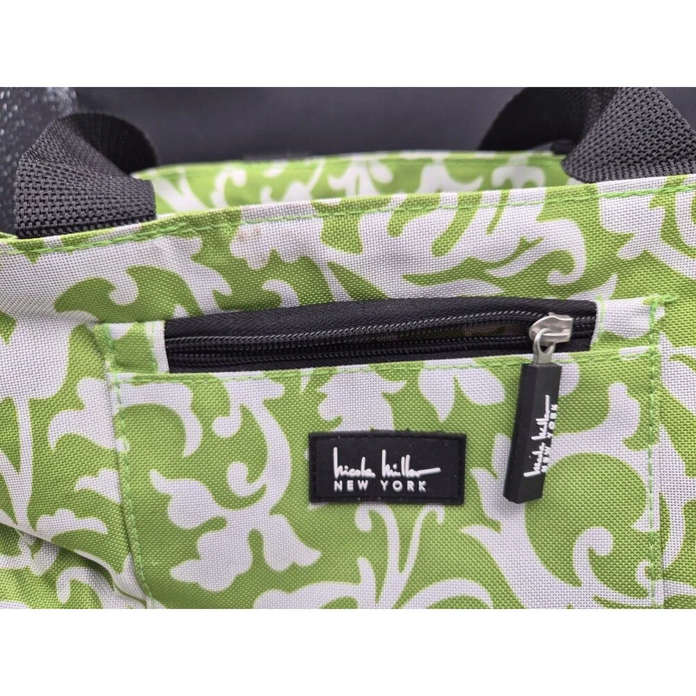 Nicole Miller Insulated Canvas Lunch Bag Green Damask Print Zippered Cooler Tote